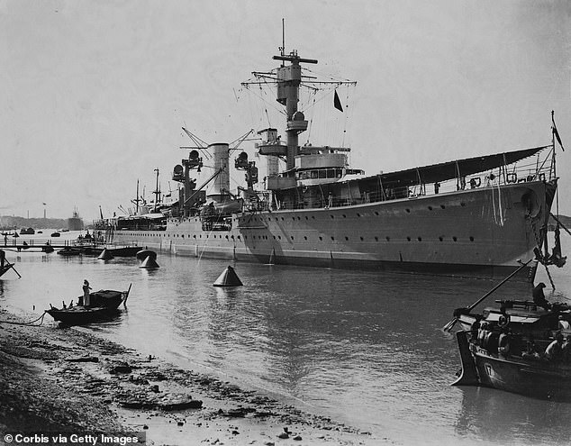 The Nazi warship, Karlsruhe, (pictured) was returning from invading Norway in 1940 when it was hit by a torpedo from a British submarine, the HMS Truant