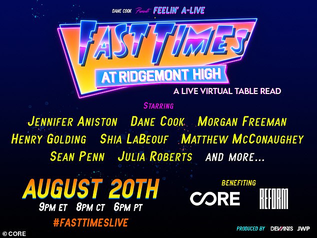 Details: The virtual live schedule reads Dane Cook Presents Feelin 'A-Live Fast Times at Ridgemont High will start Friday, Aug.21 at 8 PM EST / 5 PM PDT on Facebook Live and TikTok via the official Facebook page and TikTok account .  It will also be broadcast via LiveXLive