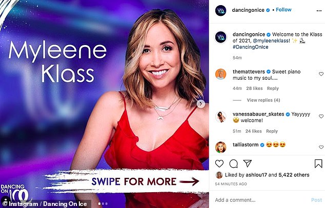`` Welcome to Class 2021 '': Dancing On Ice's official account also shared a screenshot of Myleene prompting snowboarders Matt Evers and Vanessa Bauer to respond enthusiastically
