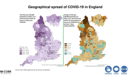 A slide was shown at a briefing on Wednesday showing the geographic spread of Covid-19 in England.