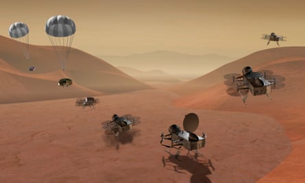 An artist's presentation shows multiple views of the dual-helicopter Dragonfly drone that will explore Saturn's moon Titan.