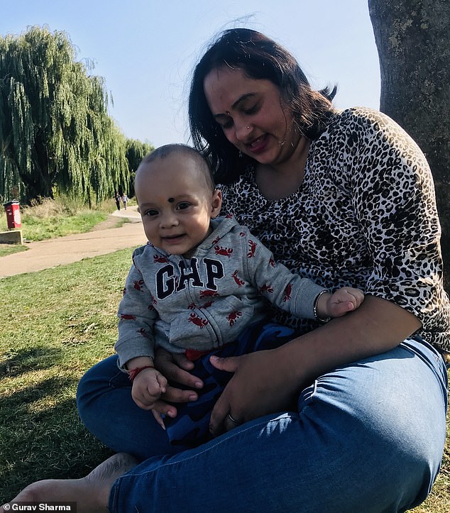 As for the injured resident, Graf Sharma, 37, from Leatonston, told MailOnline that they have not had water since 4.30pm.  This meant that he and his wife Mina were unable to make formula for their eight-month-old baby Ishan.  Pictured: Mrs. Sharma with Ishan