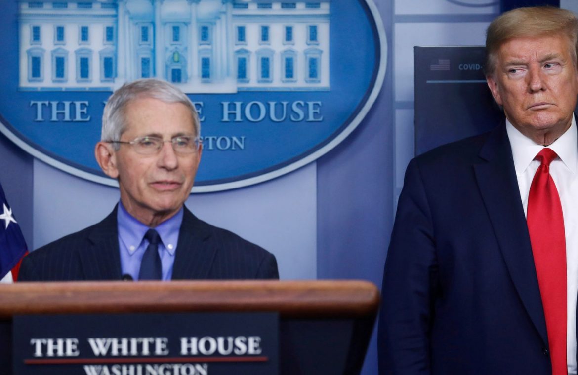 U.S. President Donald Trump looks at National Institute of Allergy and Infectious Diseases Director Dr. Anthony Fauci at the White House in Washington, U.S., April 17, 2020. REUTERS/Leah Millis/File Photo