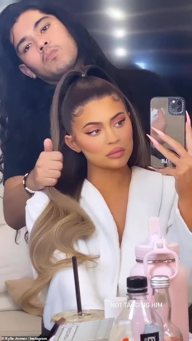 Glam Squad: About 20 minutes after her plane was posted, the youngest of the Kardashian-Jenner sisters posted a video of her hairdresser working his magic