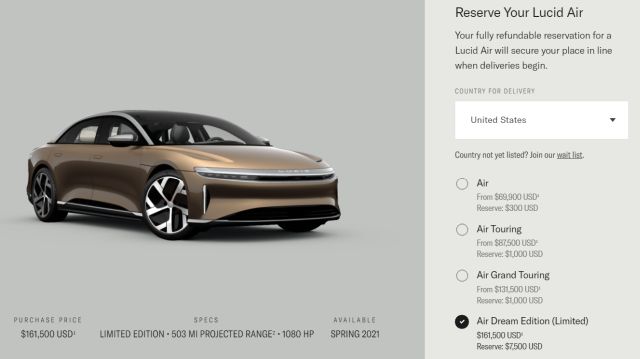 Lucid Air reservation screen