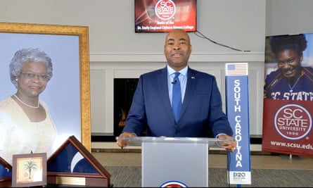 Jaime Harrison addresses the Democratic National Convention via video broadcast in August.