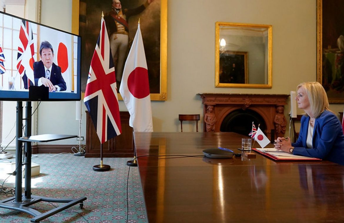 International Trade Secretary Liz Truss talks with Japan Foreign Minister Toshimitsu Motegi in June Pic: Andrew Parsons / 10 Downing Street