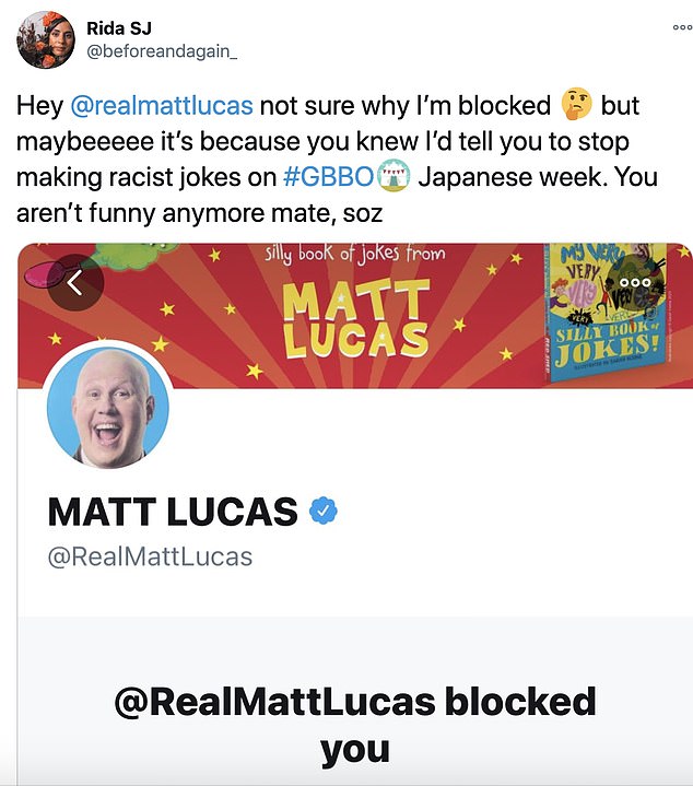 Yikes!  A viewer also claimed that Matt Lucas had blocked her on Twitter