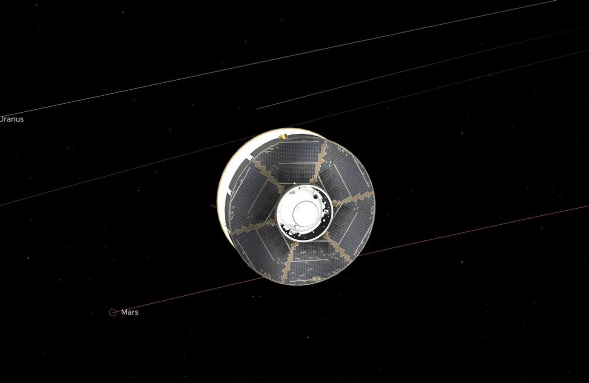 This illustration of the Mars 2020 spacecraft in interplanetary space was generated using imagery from NASA's Eyes on the Solar System. The image is from the mission's midway point between Earth and Mars. Credit: NASA/JPL-Caltech