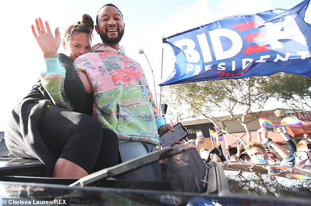Victory roll: Chrissy Teigen, 34, and John Legend, 41, celebrated President-elect Joe Biden and Vice President-elect Kamala Harris on Saturday, with a cruise through the streets of West Hollywood, as locals gathered to start the impromptu celebrations