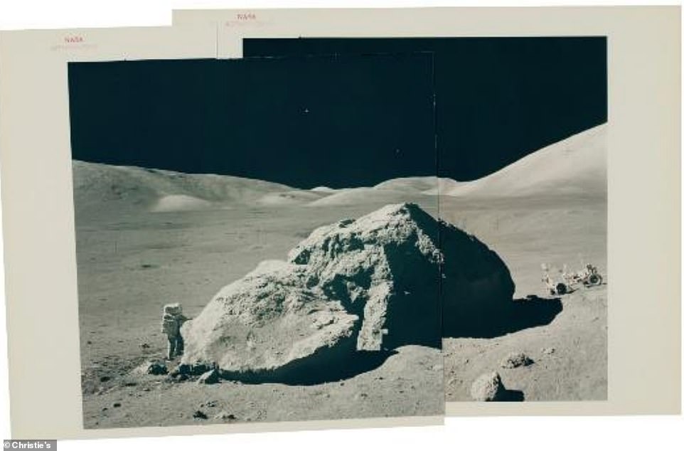 Panoramic View of Harrison Schmidt, Tracy's Rock and the LunarRover, Station 6, December 7-19, 1972