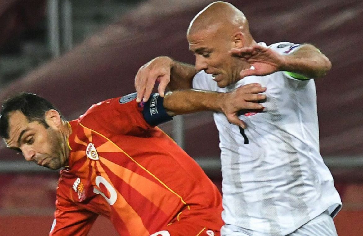 Goran Pandev (L) in action for North Macedonia during their Euro 2020 qualifying play-off final against Georgia