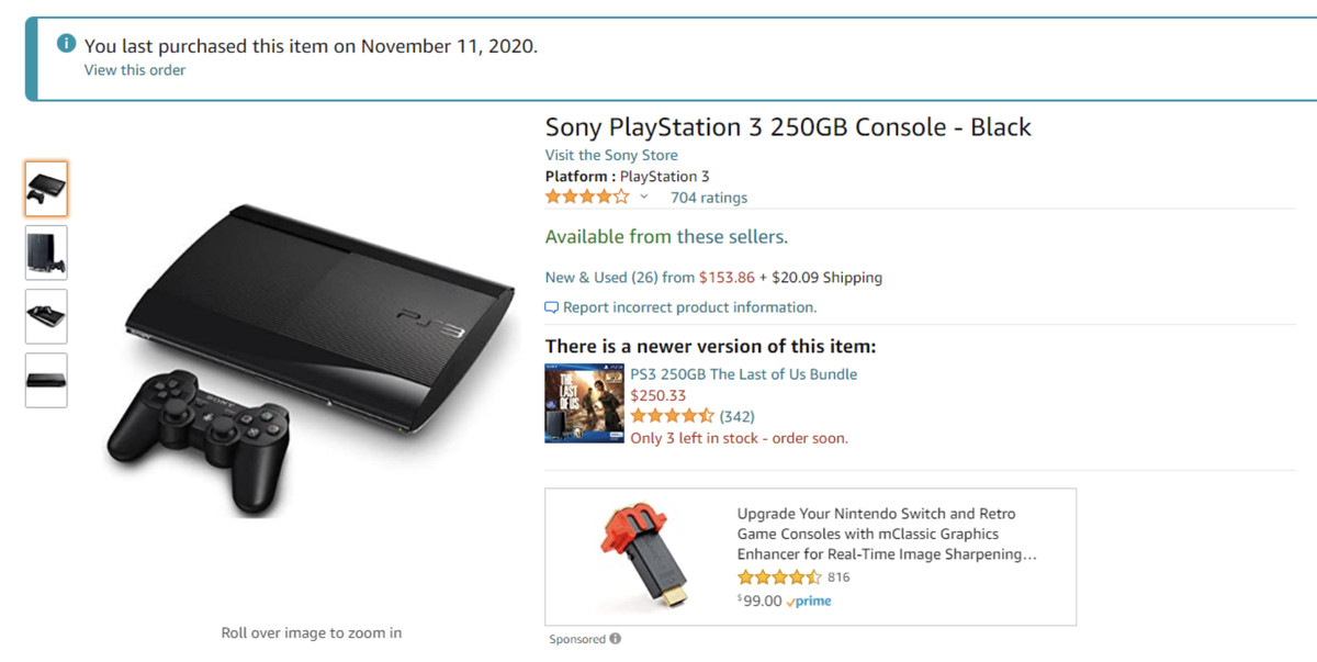 Amazon order confirmation: 250 GB Sony PlayStation 3 console - black.  I last bought this item on 11th November 2020.