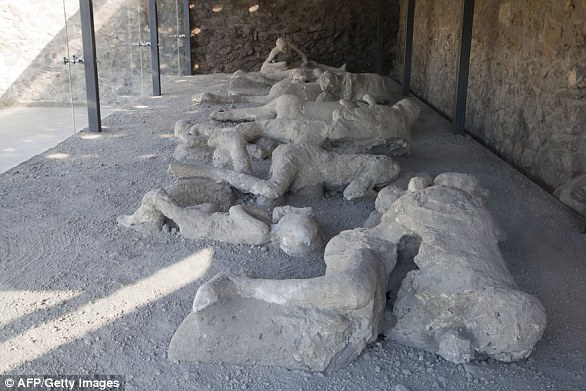 Orto dei fuggiaschi (Garden of the Fugitives) shows the bodies of 13 victims buried by ashes trying to flee Pompeii during the eruption of Vesuvius in AD 79