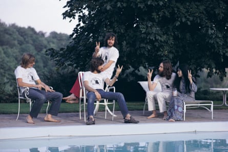 Relaxation area ... the day after the Plastic Ono band played in Toronto;  Left to right drummer Alan White, Eric Clapton, Klaus Forman, John Lennon and Yoko Ono.