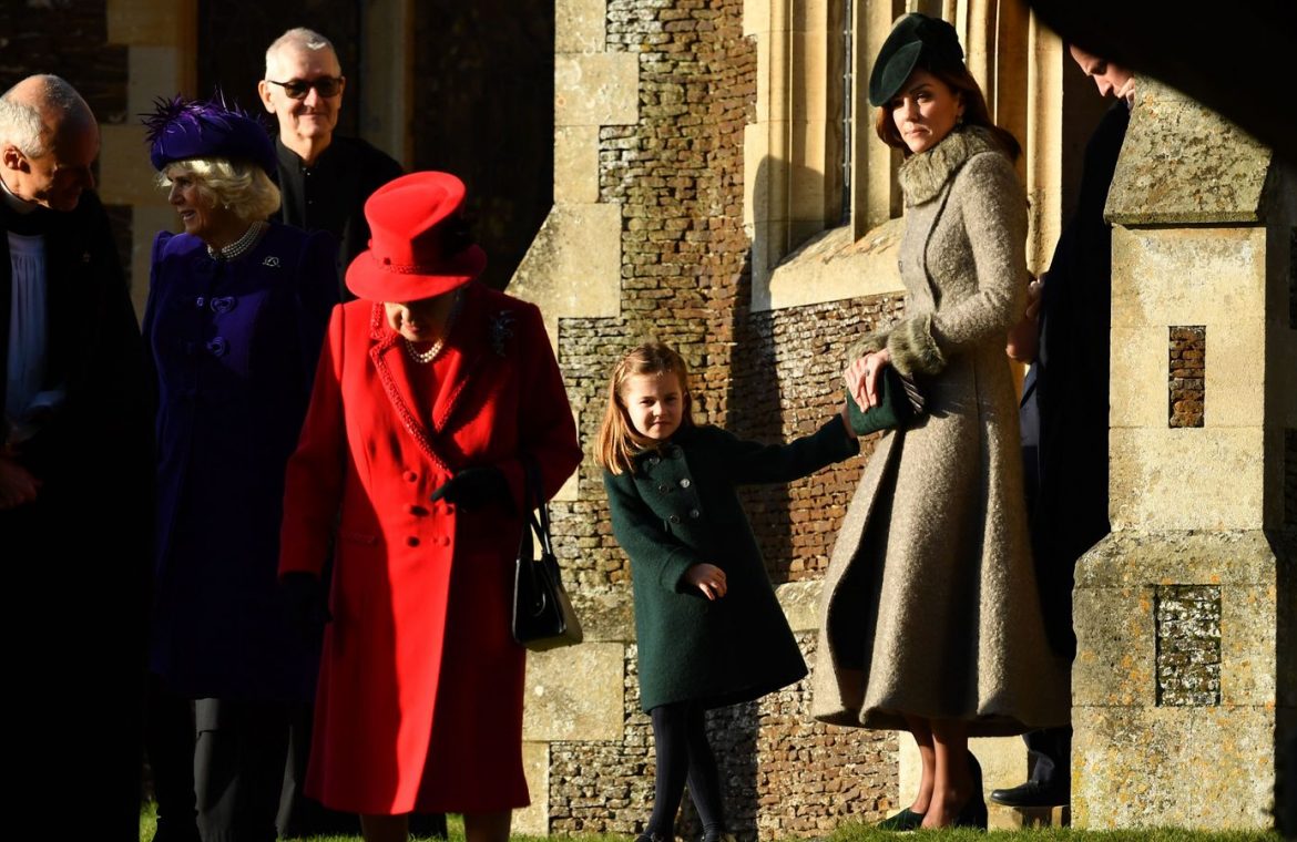 (L-R) Britain's Queen Elizabeth II, Britain's Princess Charlotte of Cambridge and Britain's Catherine, Duchess of Cambridge leave after the Royal Family's traditional Christmas Day service at St Mary Magdalene Church in Sandringham, Norfolk, eastern England, on December 25, 2019. (Photo by Ben STANSALL / AFP) (Photo by BEN STANSALL/AFP via Getty Images)