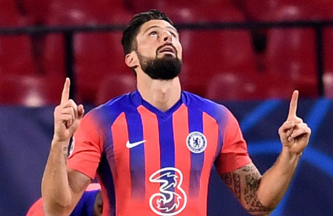 Olivier Giroud signals skywards after opening the scoring for Chelsea against Sevilla