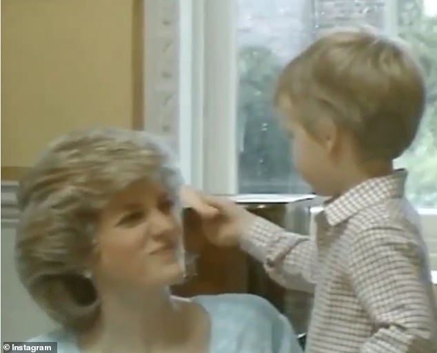 In the video, which was recently shared on social media, the Duke of Cambridge, now 38, can be seen gently dipping his mother's face with a piece of powder (pictured).