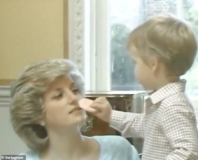 A gorgeous clip that was spotted shows three-year-old Prince William helping his mother, Princess Diana, to put her makeup back on during a family photo shoot in 1985 (pictured)