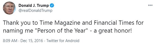 Trump praised the magazine for choosing it in 2016