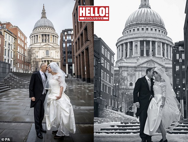 Wedding Day: Kate Silverton slipped back into her wedding dress (left) to recreate a photo from her wedding day (right) with husband Mike Heron, nearly a decade later