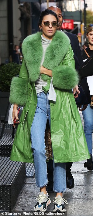 All colors: Kendall Jenner (left) has a version of the coat in green and Jessica Simpson (right) in pink