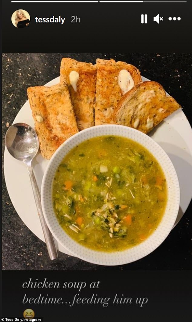 'Feed him': The Strictly Come Dancing star took to her Instagram stories and shared a photo of the chicken soup and bread she prepared for her other half
