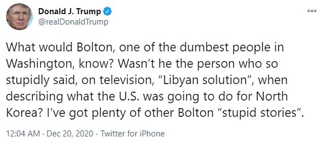 What will Bolton, one of the stupidest people in Washington know?  Trump tweeted early Sunday morning.  Wasn't he the one who said stupidly on TV 