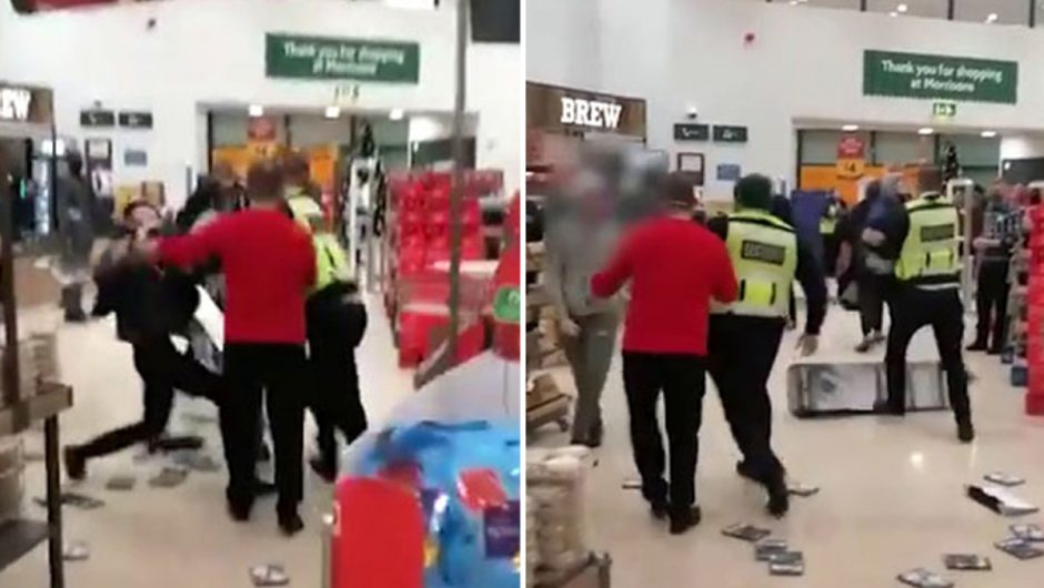 A momentary brawl in the supermarket erupts as Morrisons’ company shoppers attack security guards