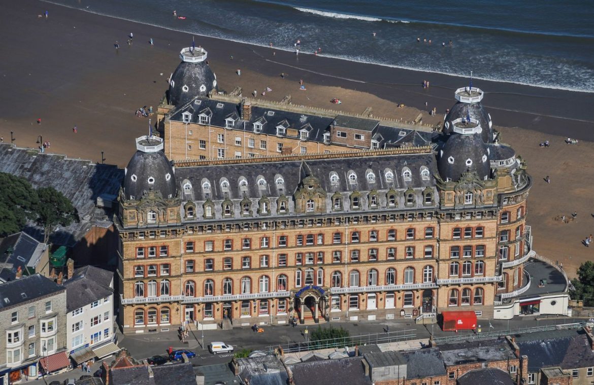 NORTH YORKSHIRE, UNITED KINGDOM. An aerial view of the Grand Hotel Scarborough, this Baroque style Grade II building is located in the centre of Scarborough, on the North Sea coastine, in this photograph taken by David Goddard.