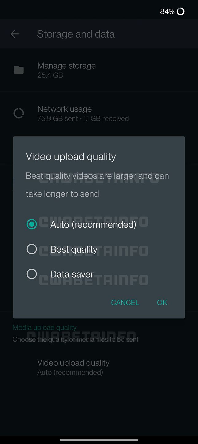 WhatsApp video sending settings