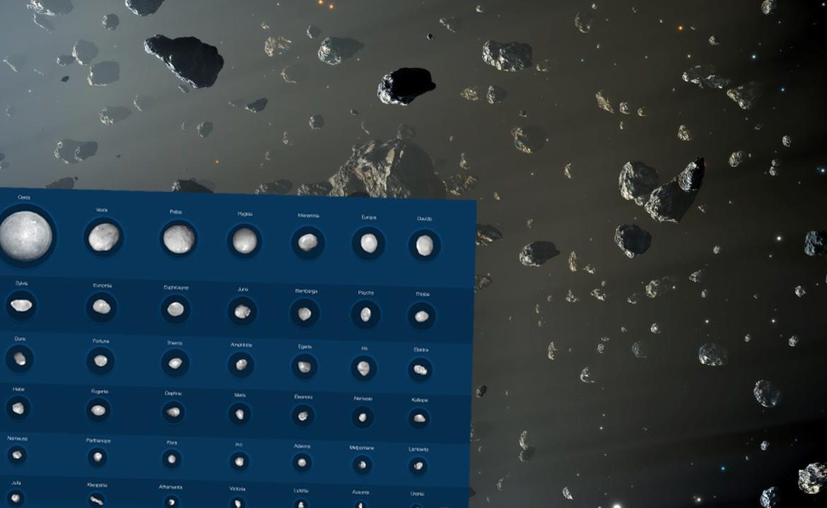 Asteroids in the solar system.  Largest asteroids in images captured by the European Southern Observatory (ESO) telescope