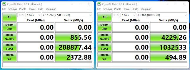 Two tests for two identical drives.  On the left, the disk containing the C partition.