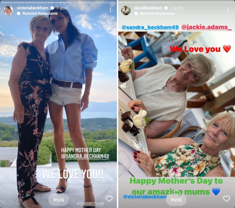 Left: Victoria Beckham with her mother-in-law.  Right: Sandra Beckham and Jackie Adams