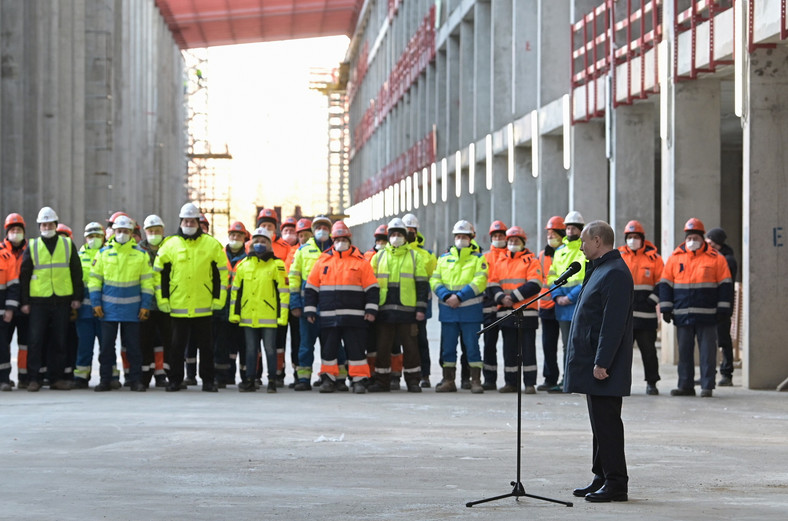 Vladimir Putin during a visit to the construction site of the headquarters of the Space Agency in Moscow