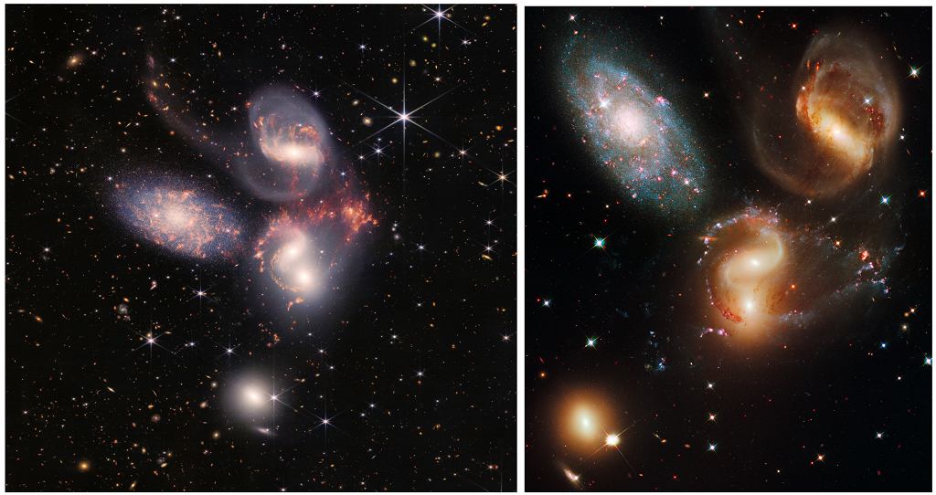Stephan's Quintet - Web image on the left, Hubble image on the right