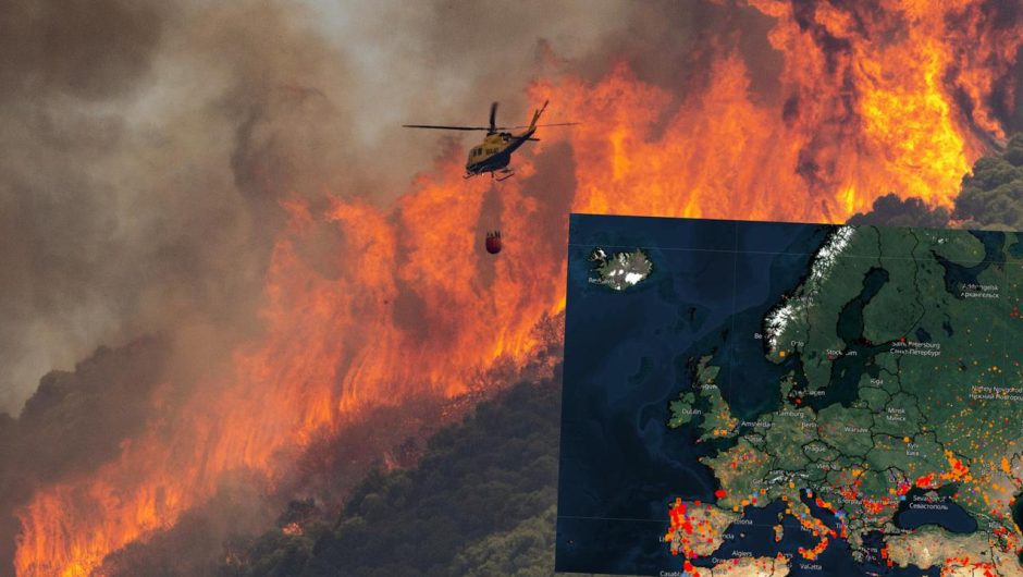 Map of fires in Europe.  Fire in Spain, Portugal, France and Croatia.  Danger to tourists