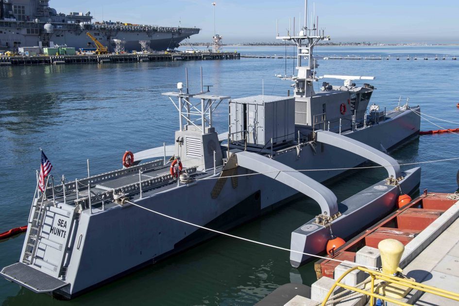 The unmanned ship of the US Navy USV Sea Hunter.  Figure: Retrieved from the US Navy