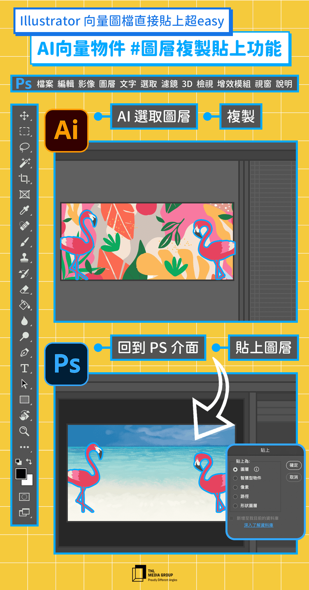 照片 中 提到 了 Illustrator 向量 圖檔 直接 貼上 超 Easy 、 AI 向量 物件 # 圖層 複製 貼上 、、 Ps 檔案 編輯 影像 圖層 文字 選取 濾鏡 說明 了 、、數碼 廣告、字形、軟件、
