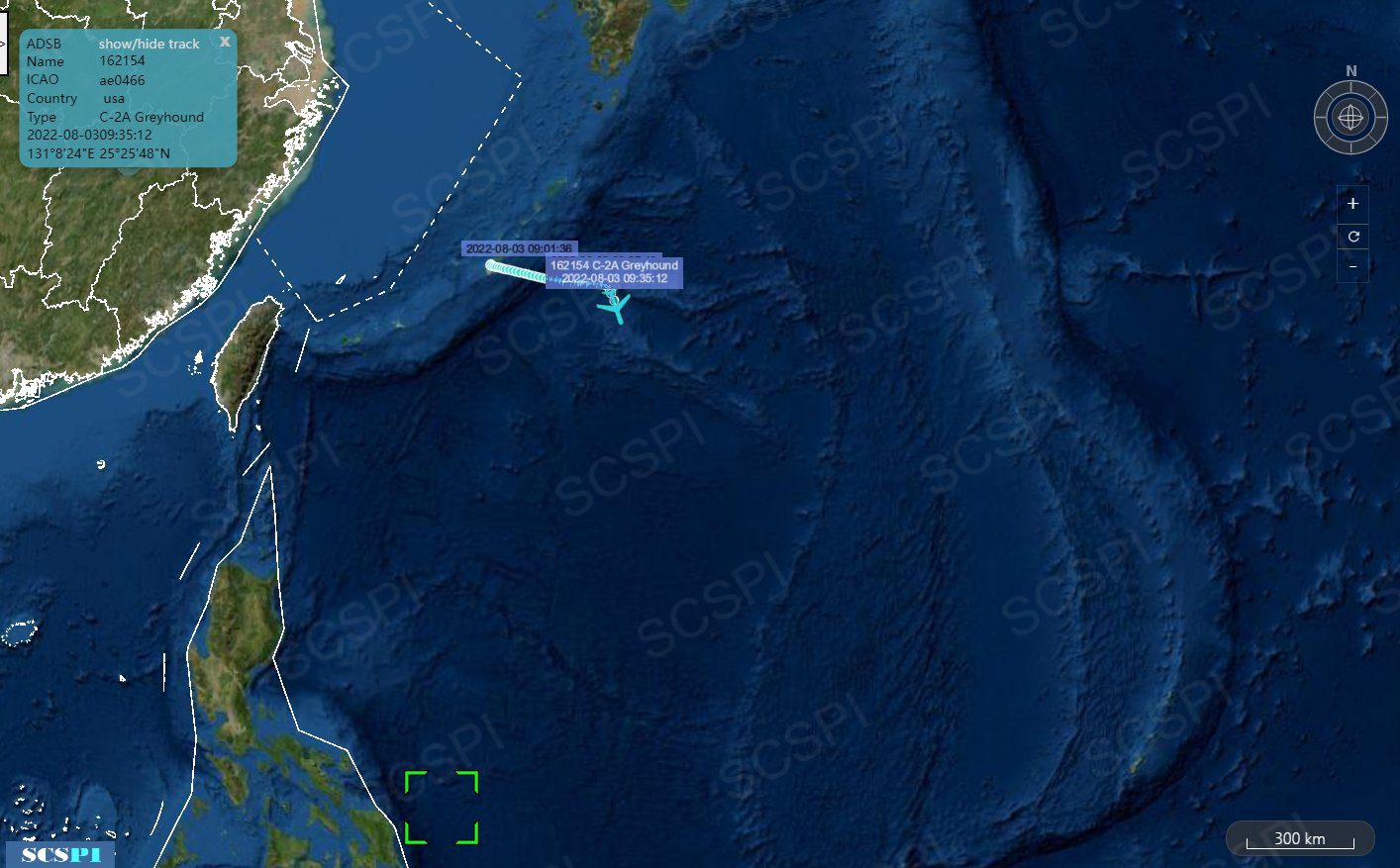 Peking University's South China Sea Strategic Situational Awareness Program (SCSPI) platform uses the flight path of a C-2A Greyhound transport aircraft to locate the last location of the aircraft carrier USS Ronald Reagan (CVN-76). Photo: Flip the SCS Probing Initiative Twitter