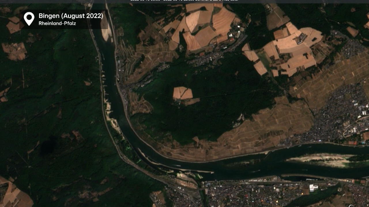 Satellite images show drought in the Rhine River in Germany