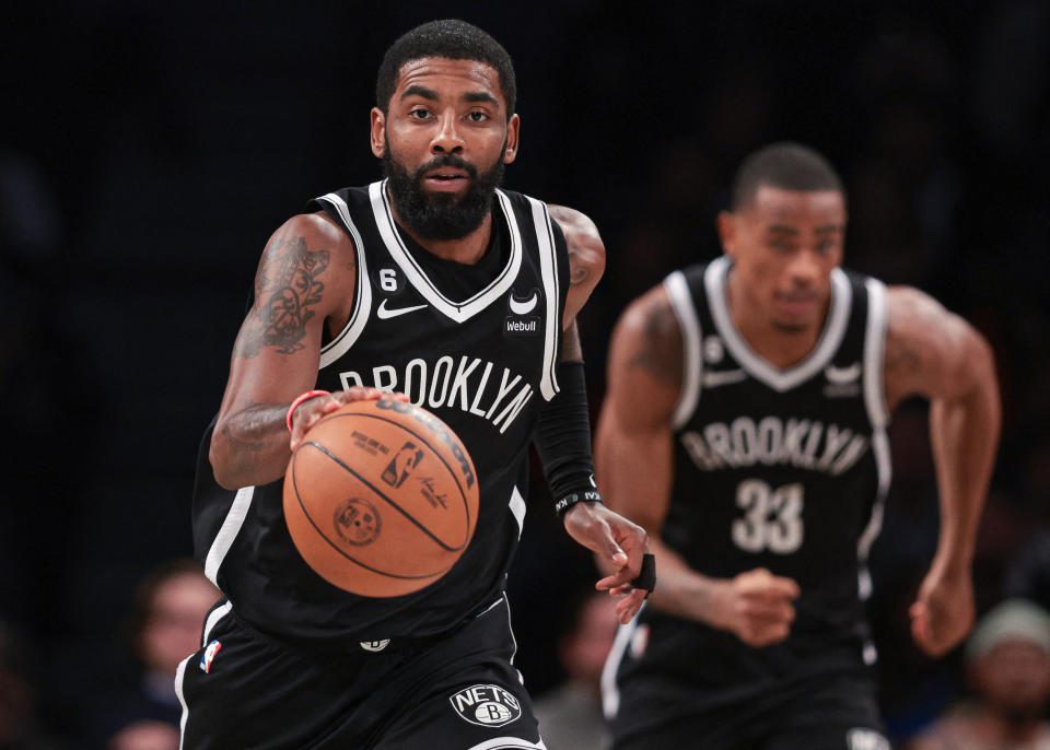 November 1, 2022;  Brooklyn, New York, USA;  Brooklyn Nets guard Keri Irving (11) dribbles on the field against the Chicago Bulls during the first half at Barclays Center.  Mandatory credit: Vincent Carchietta-USA TODAY Sports