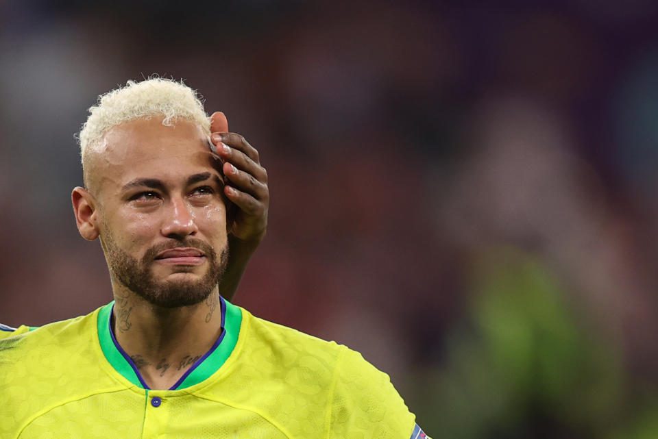 RAYAN, QATAR - DECEMBER 9: Neymar of Brazil cries after losing on penalties during the Qatar 2022 World Cup quarter-final match between Croatia and Brazil at Education City Stadium on December 9, 2022 in Al-Rayyan, Qatar.  (Photo by Charlotte Wilson/Offside/Offside via Getty Images)